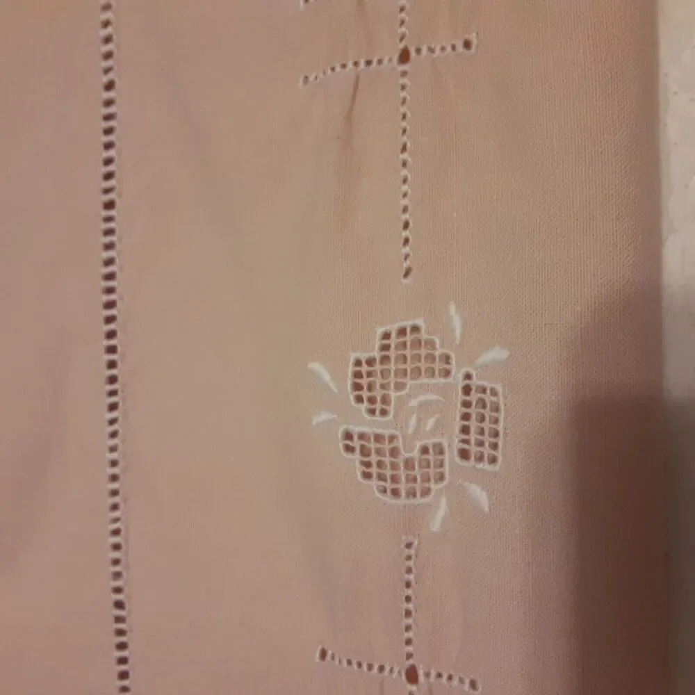 Vintage Tablecloth & Napkin Set Ladder Hemstitch & Floral Palest Pink Romantic
